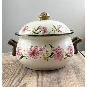 VTG Normandy Dutch Oven/Pot Enamelware Pink Lily Design with Brass Handles